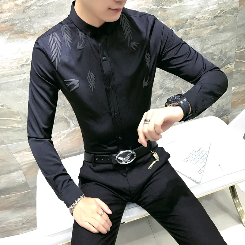 Высокое качество Для мужчин рубашка с принтом длинным рукавом Slim Fit 2018 Новый