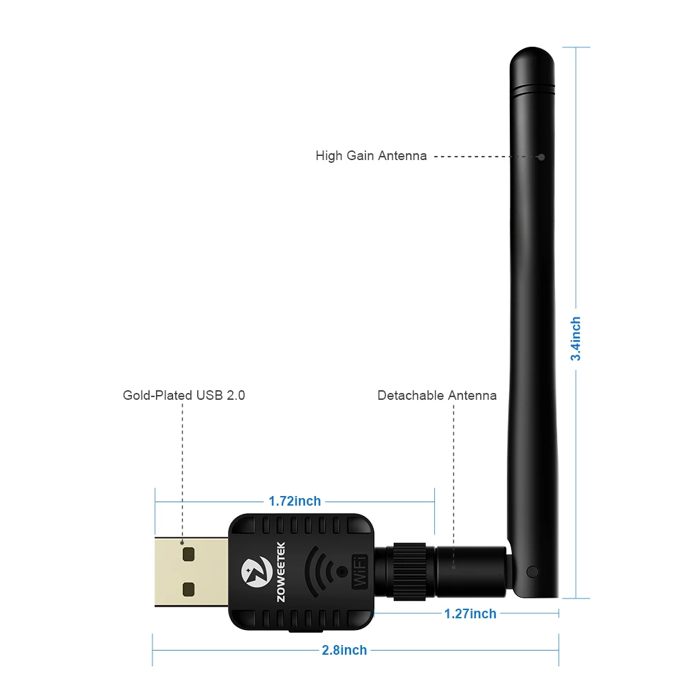 Zoweetek мини USB беспроводной WiFi адаптер 5G 433 Мбит/с 2 4G 150 802.11AC антенна двухдиапазонный
