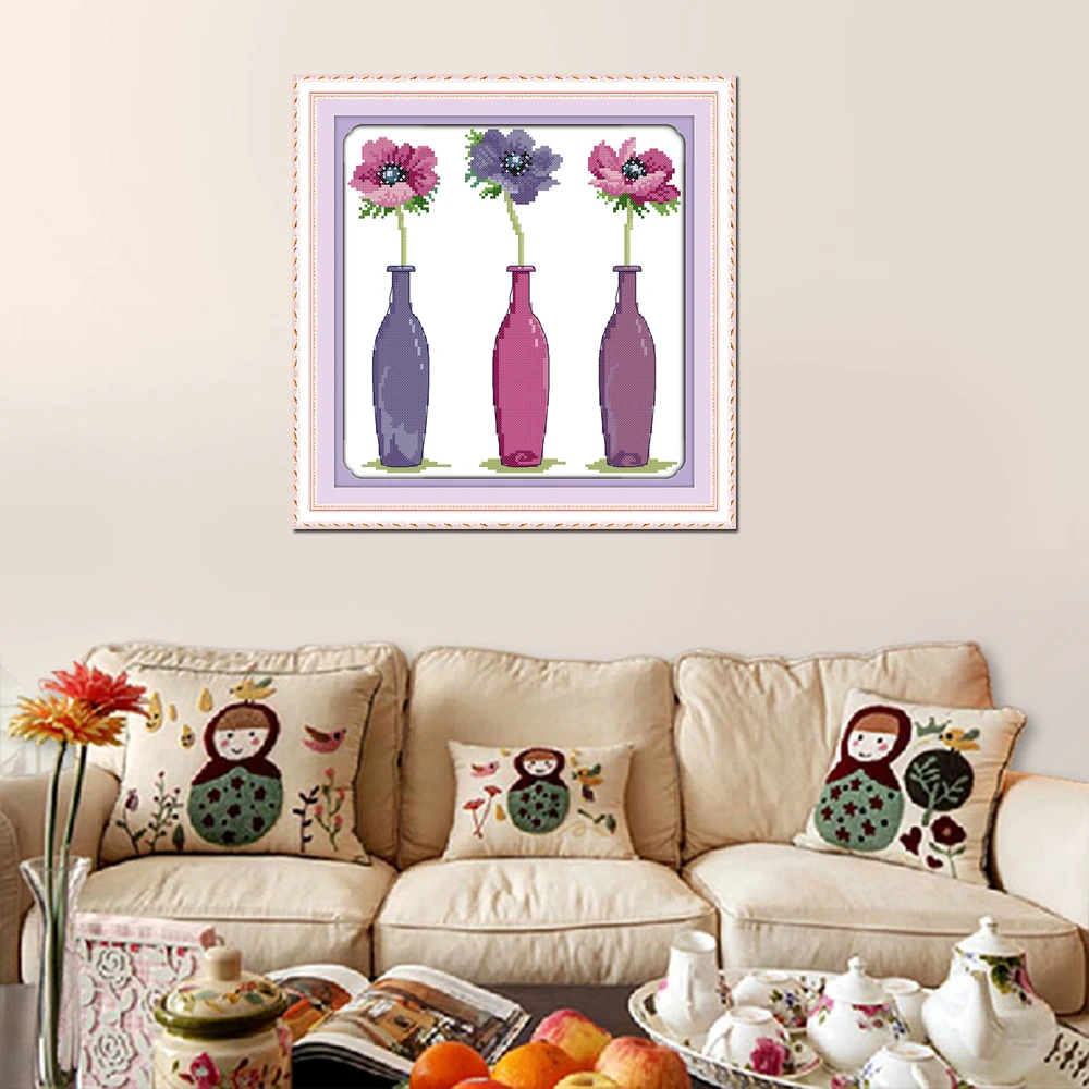 Joy Sunday Three Flowers Pattern Wall Art Chinese Cross Stitch Kits Embroidery Needlepoint Set for home decoration | Дом и сад
