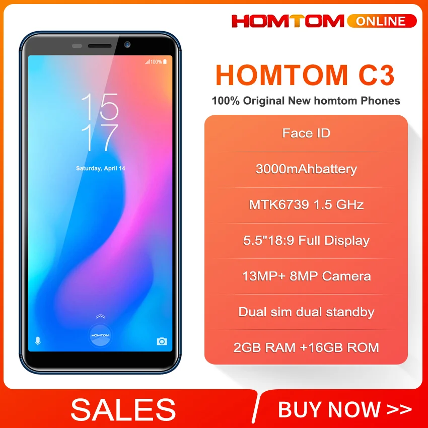 HOMTOM C2 смартфон с 5 дюймовым дисплеем четырёхъядерным процессором 18:9 ОЗУ 2 Гб ПЗУ 16
