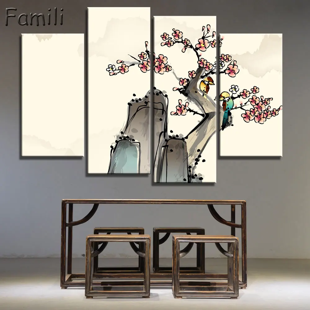 4 панели старинная китайская раскраска кистей принт холст лотос пруд