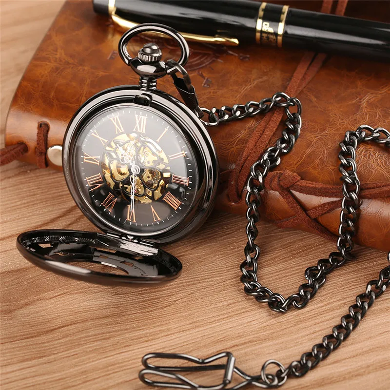 

Steampunk Antique Black Roman Numbers Display Mechanical Pocket Watch Hollow Design Vintage Pendant Clock Gifts for Men Women