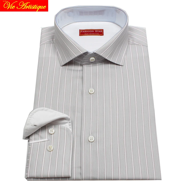 

men's long sleeve grey white pin striped dress shirts male tailored 6789 XL business office cotton slim fit 2018 spring summer