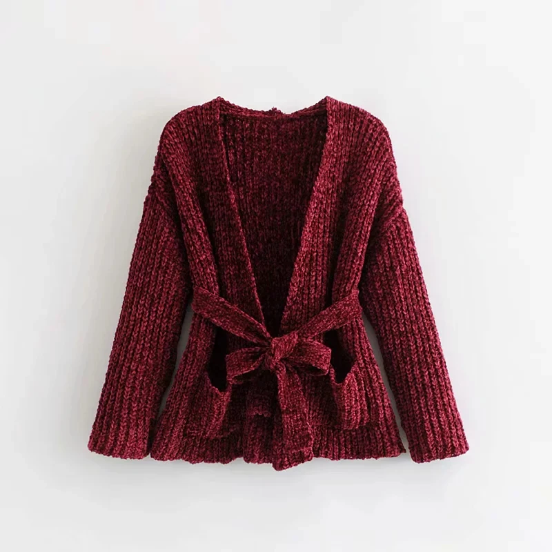 Women Winter Autumn Black Sweater 2018 New Fashion Warm Red Cardigan Female Gray Belt Knitted Chenille pull femme hiver C |