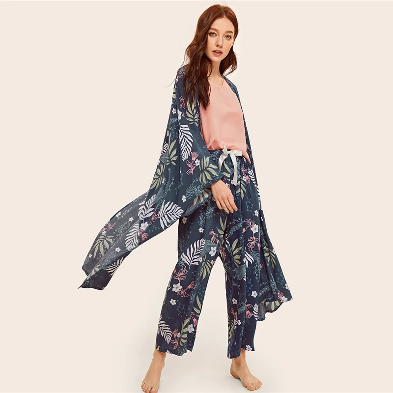 Dotfashion/пижамный комплект с цветочным принтом, 4 шт., с халатиком, летняя Пижама для женщин, Весенняя повседневная одежда с длинными рукавами и v-образным вырезом