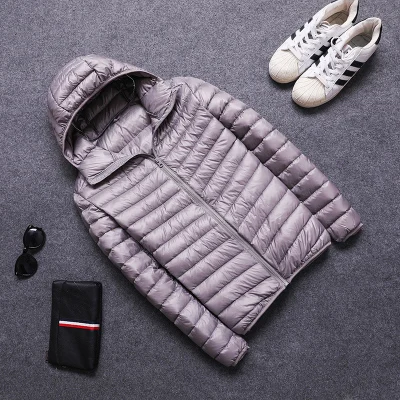 hooded gray Однотонная мужская пуховая куртка осень-зима мужская с капюшоном и стоячим воротником белое пуховое пальто Мужская тонкая легкая тонкая теплая верхняя одежда - Цвет: hooded gray