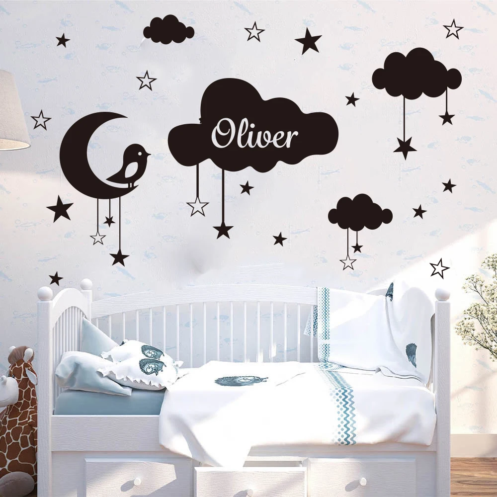 

Наклейка виниловая на стену для детской комнаты, наклейка с именем на заказ, луна, звезды, облака, небо, космос, для детской комнаты