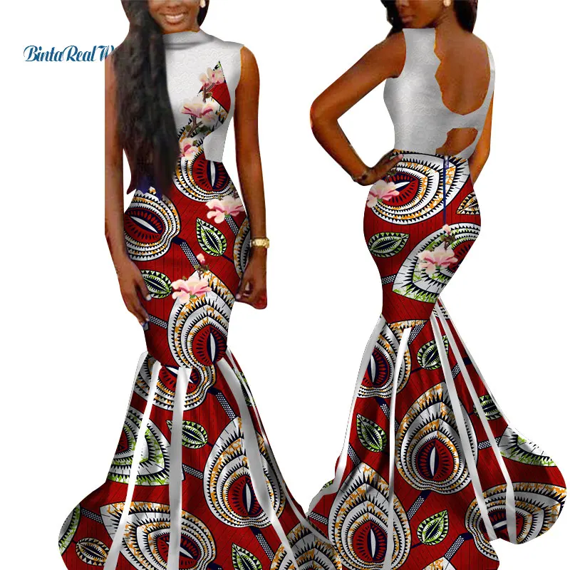 African Print Dresses for Women Bazin Riche Dashiki Women African Clothing Lace Applique Long Mermaid Dresses Vestidos WY3474
