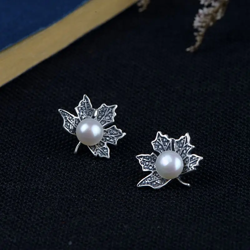 FNJ Freshwater Pearl Earrings Leaf 925 Silver boucle d'oreille for Women Jewelry S925 Sterling Stud Earring Romantic | Украшения и