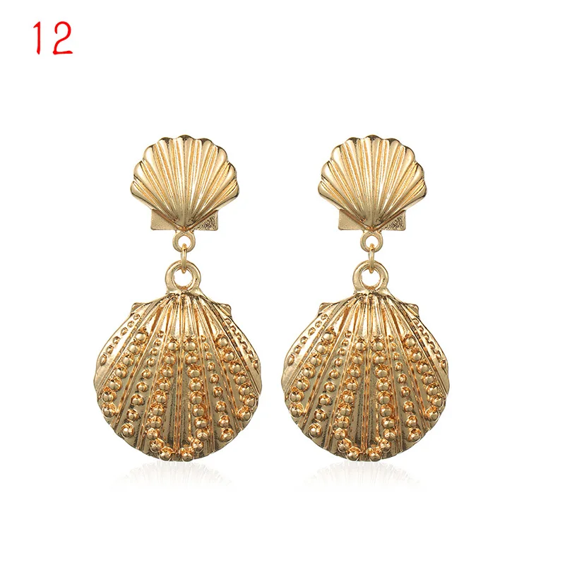 12 1Pair Summer Retro Fashion Shell Earrings Women Gold Color Geometric Irregular Starfish Conch Statement Jewelry Accessories - Окраска металла: 12