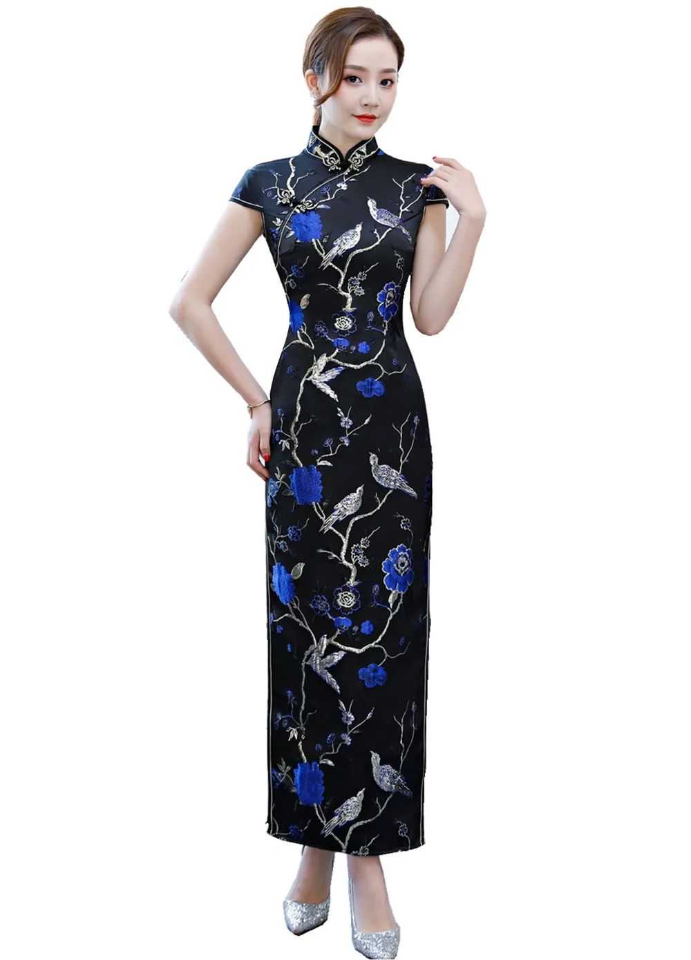 

Shanghai Story 2019 New Party Dress Long Qipao Chinese traditional dress Short Sleeve Flower Embroidery Cheongsam for Women