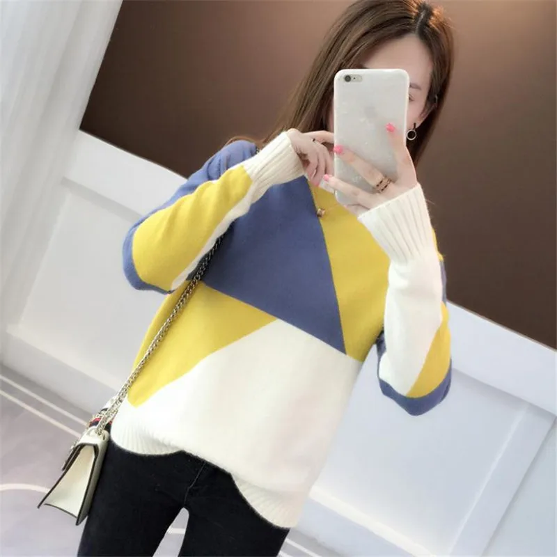 Contrast Color Autumn Winter Women Sweater 2018 New Long Sleeve Short Knitted Tops Half-Neck And Pullovers KnitwearQ1074 | Женская
