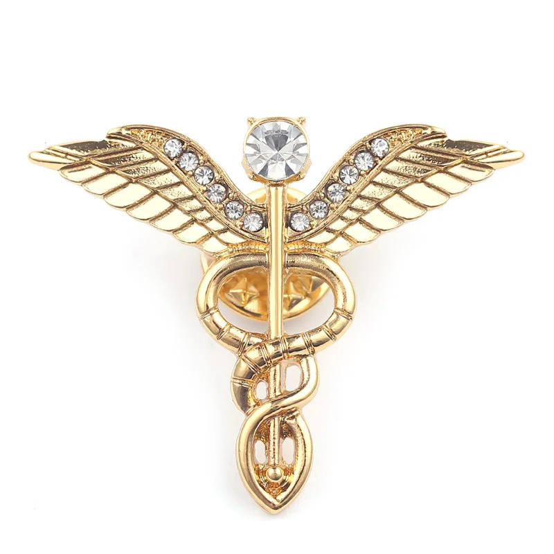 Брошь значок Caduceus золотого цвета с кристаллами брошь для медсестры студентов