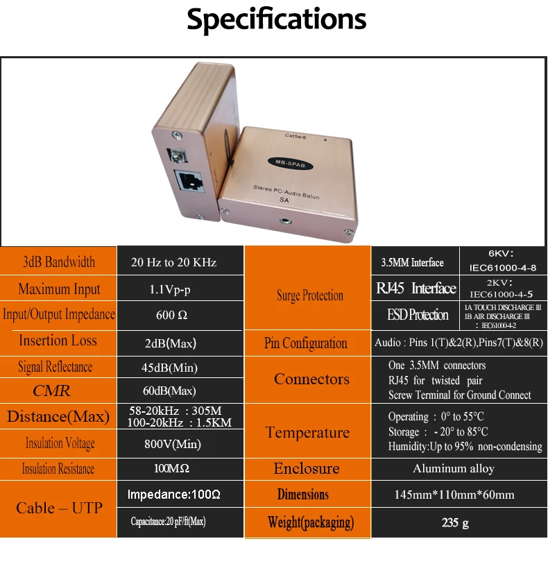 Cat5 3,5 мм аудио адаптер стерео аудио RJ45 конвертер PC-аудио Cat5/6 Extender аналогового аудио по Ip