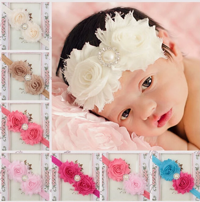 

Style Pearl Rhinestone Headband Elastic Hairband Kids Girls Double Shabby Flowers Headbands Kids Kids Hair Accessories A087-1