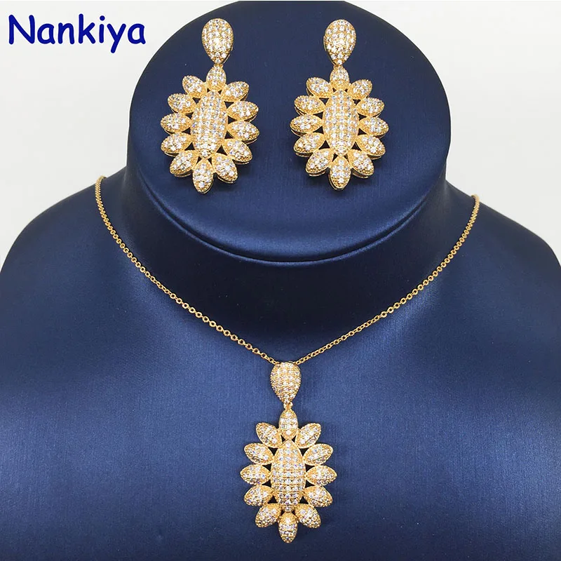 yellow gold Nankiya Элегантный Модный циркониевый свадебный ювелирный набор в форме большого эллипса, ожерелье, серьги, комплект из 2 предметов для женщин,, медь NC682 - Окраска металла: yellow gold