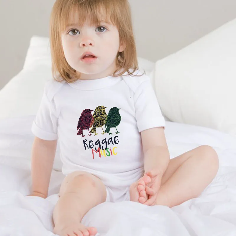

DERMSPE Newborn Baby Boys Girls Cotton Short Sleeve Letter Reggae Music Cute Bird Picture Romper Jumpsuit Baby Clothes White