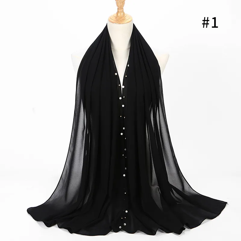 color 1 black 10 шт./партия, 20 цветов, Женский шифоновый шарф с бусинами, шали Хиджаб, золотой обруч жемчужный длинный шарф для мусульманки 180*75 см - Цвет: color 1 black