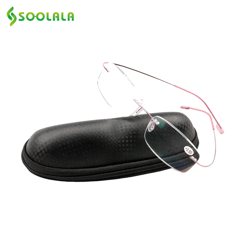 Pink with case SOOLALA Для женщин Для мужчин Титан Нержавеющая сталь очки для чтения без оправы высокого класса легкого чтения очки с Чехол+ 1,0 до 3,5 - Цвет оправы: Pink with case