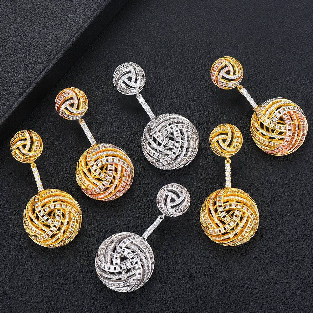 GODK 54mm Luxury Hollow Ball Statement Drop Earrings For Women Wedding Cubic Zircon Party Dubai Bridal Jewelry | Украшения и