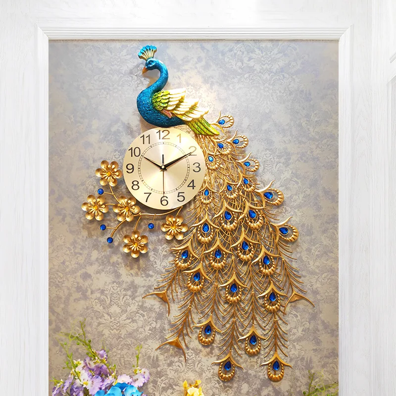 Luxury Big Peacock Wall Clock Home Decor Watch Living Room Modern Design Entrance Metal Silent Digital Clocks | Дом и сад