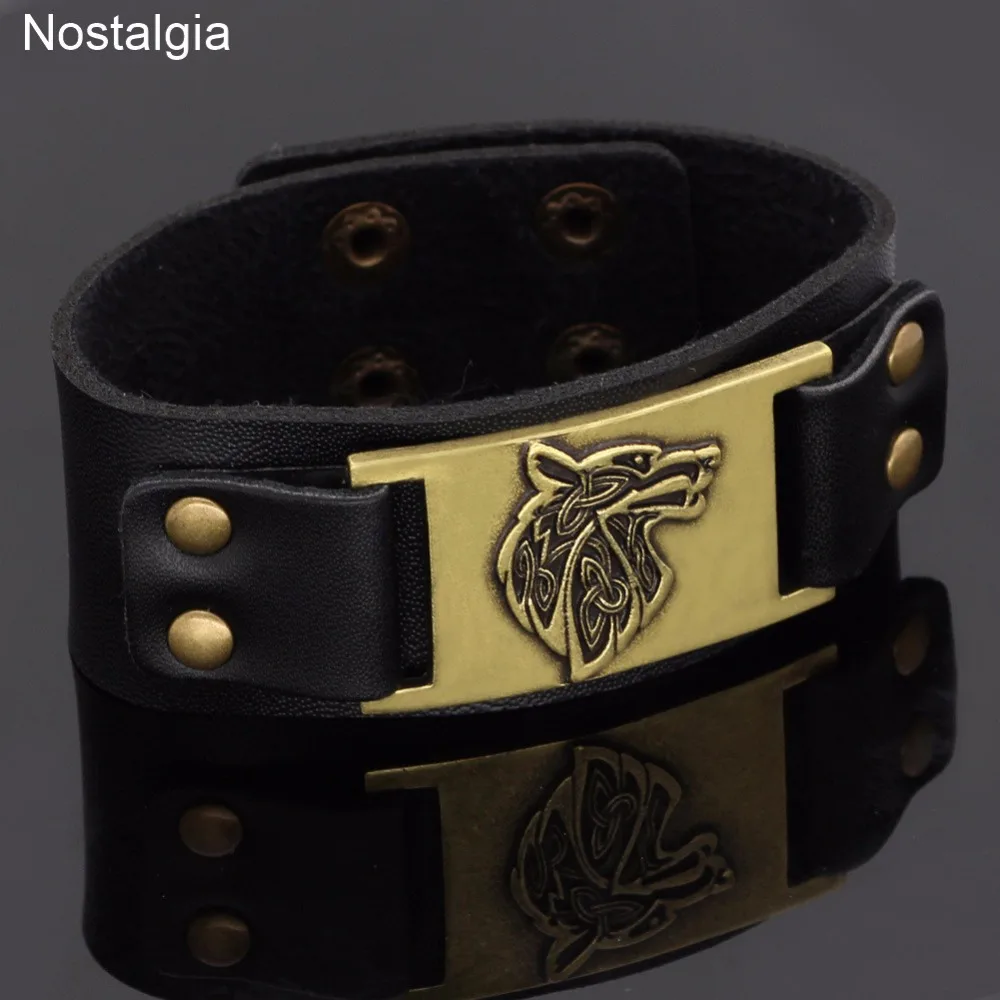 Nostalgia Teen Wolf Amulet Black Leather Jewelry Wide Cuff Bangle Bracelet Viking Animal Trinity Knot Talisman | Украшения и