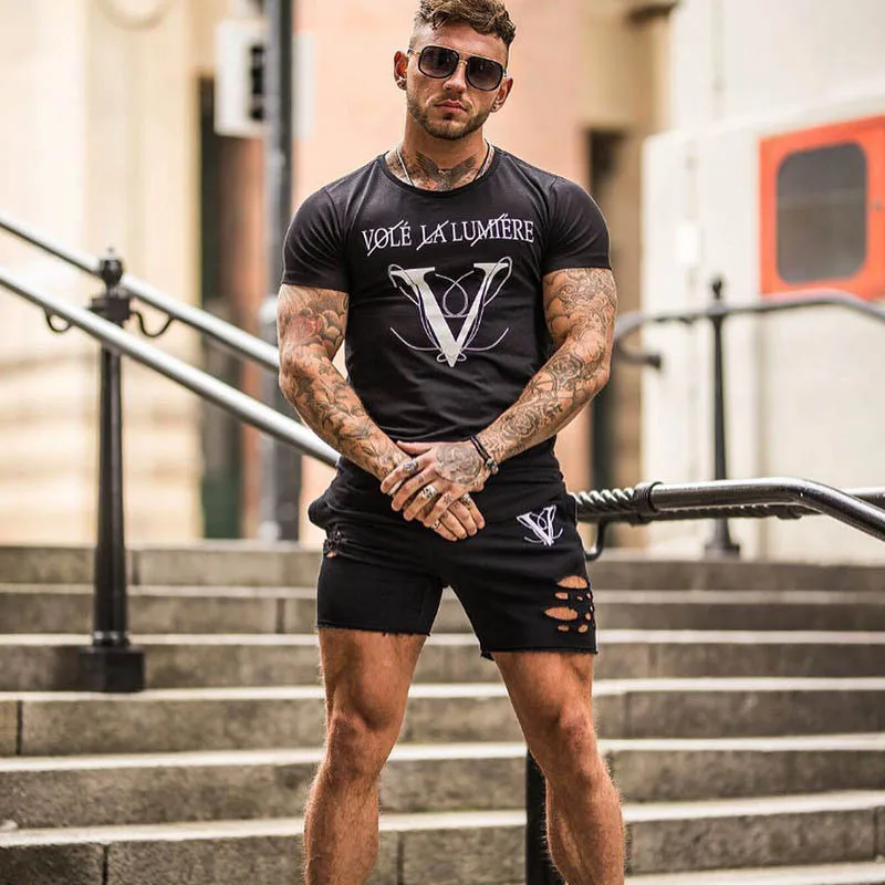 

New Mens Sports gyms t shirt Fitness Bodybuilding Slim Cotton Running Shirts Men Short Sleeve workout male T-shirt