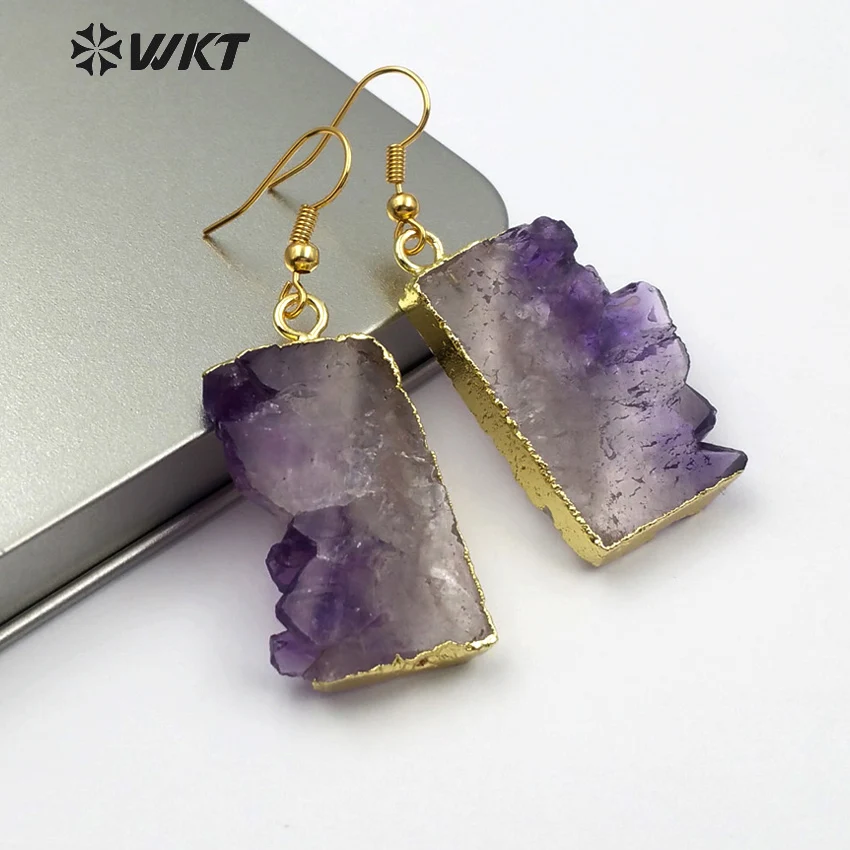 Женские серьги с фиолетовой друзой металлические покрытием 24-каратным золотом и