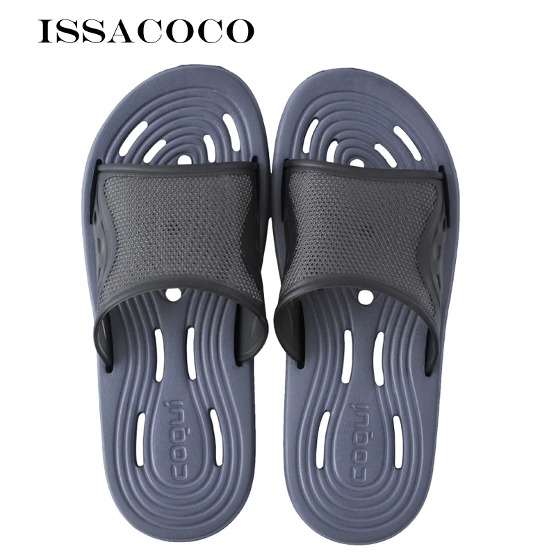 ISSACOCO/мужские тапочки; нескользящие домашние Тапочки для ванной; пляжные шлепанцы; Pantuflas Terlik Chinelos; европейские размеры 44-47 - Цвет: Gray