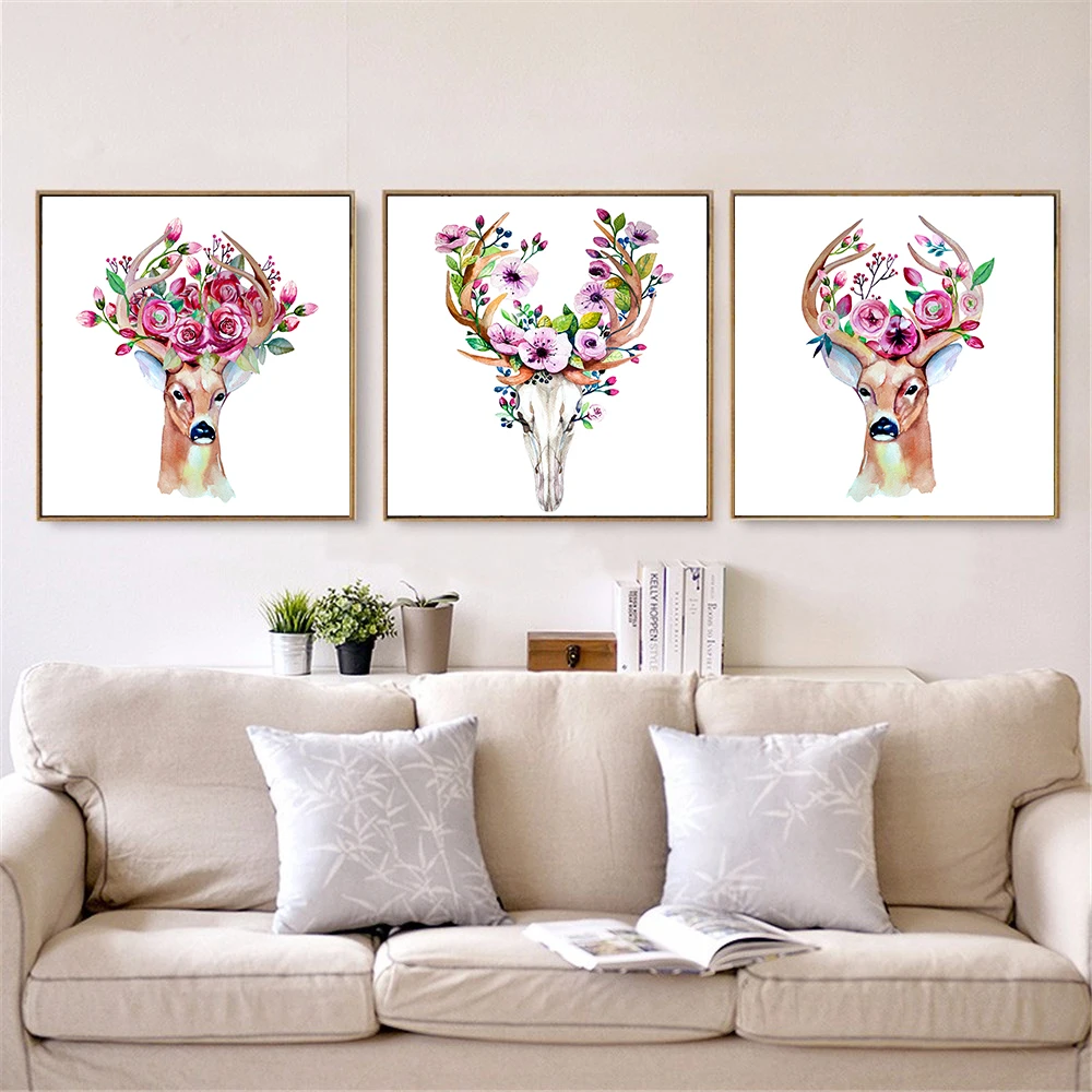 Модные постеры с животными акварель олень пятнистый холст картины цветок