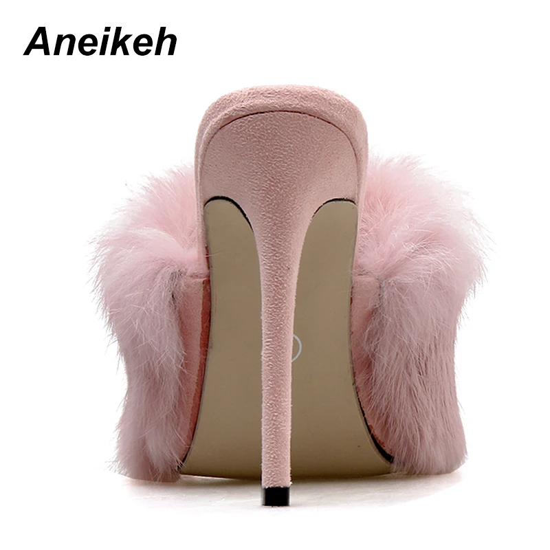 Aneikeh/ г. Новые Модные женские сандалии-гладиаторы из PU искусственной кожи с открытым носком на высоком каблуке, плюшевые женские тапочки на тонком каблуке, обувь, Size35-40