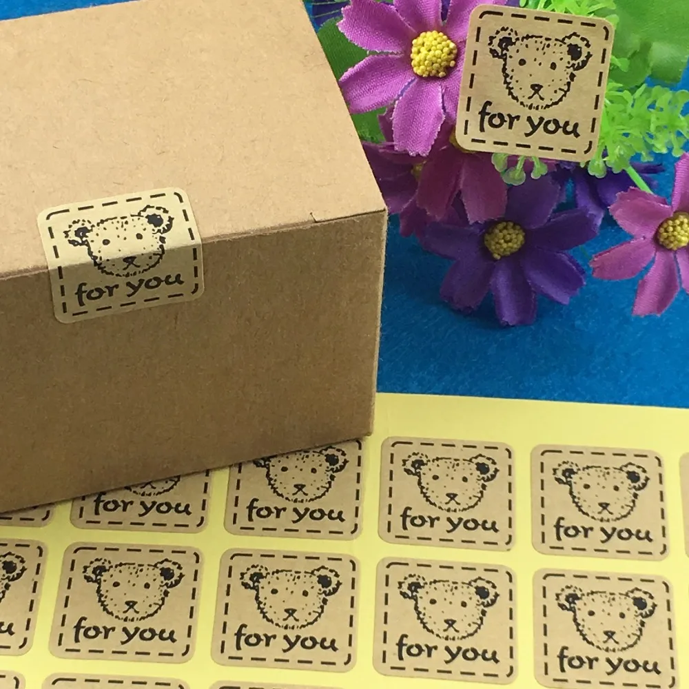 

5000PC/Lot Kraft Paper Lovely Bear"for you" Square Sticker Labels Cute Pattern Sealing Label For Bag/Cup/box/gift/Refrigerator