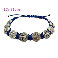 5 pcs zinc alloy saint st benedict medal on adjustable blue cord bracelets 8 inch b 41