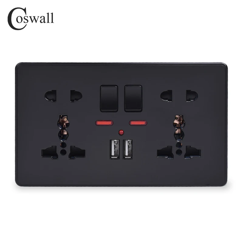 

Coswall Wall Power Socket Double Universal 5 Hole Switched Outlet With Neon 2.1A Dual USB Charger Port LED indicator Black Color