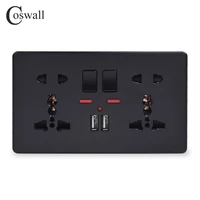 coswall wall power socket double universal 5 hole switched outlet with neon 2 1a dual usb charger port led indicator black color