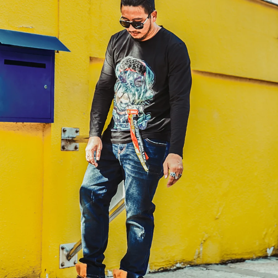 Plus Size Man t-Shirt Long Sleeve Cotton Cartoon Harajuku 3d t Shirt Men Shar Pei Hip Hop Pug Tee Homme Punk Tops G5G021 | Мужская