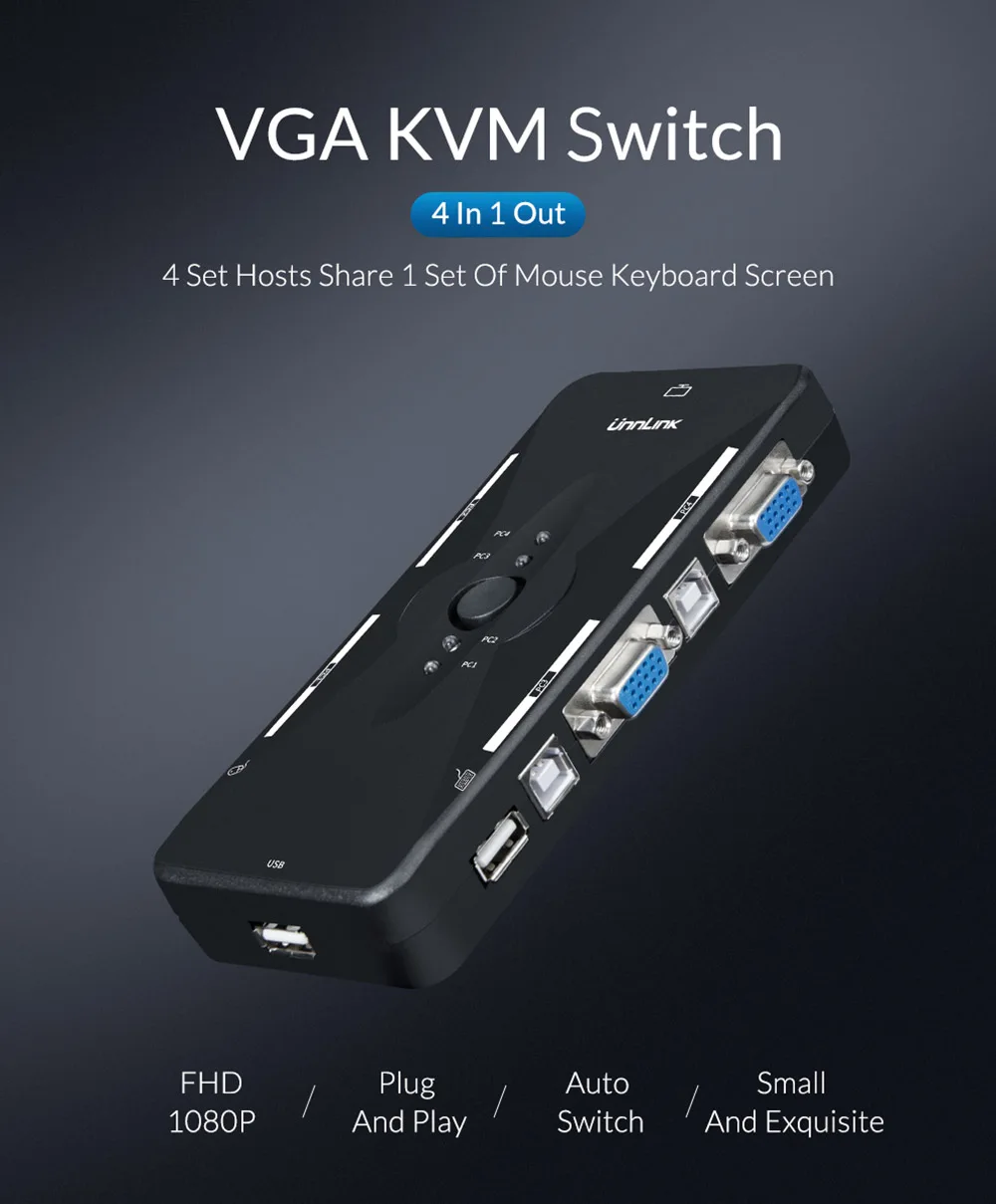 Unnlink 2/4X1 VGA KVM Switch Box Selector 2/4 Ports KVM USB 2.0 Sharing Print monitor mouse keyboard for 4 Computer Laptops PCs