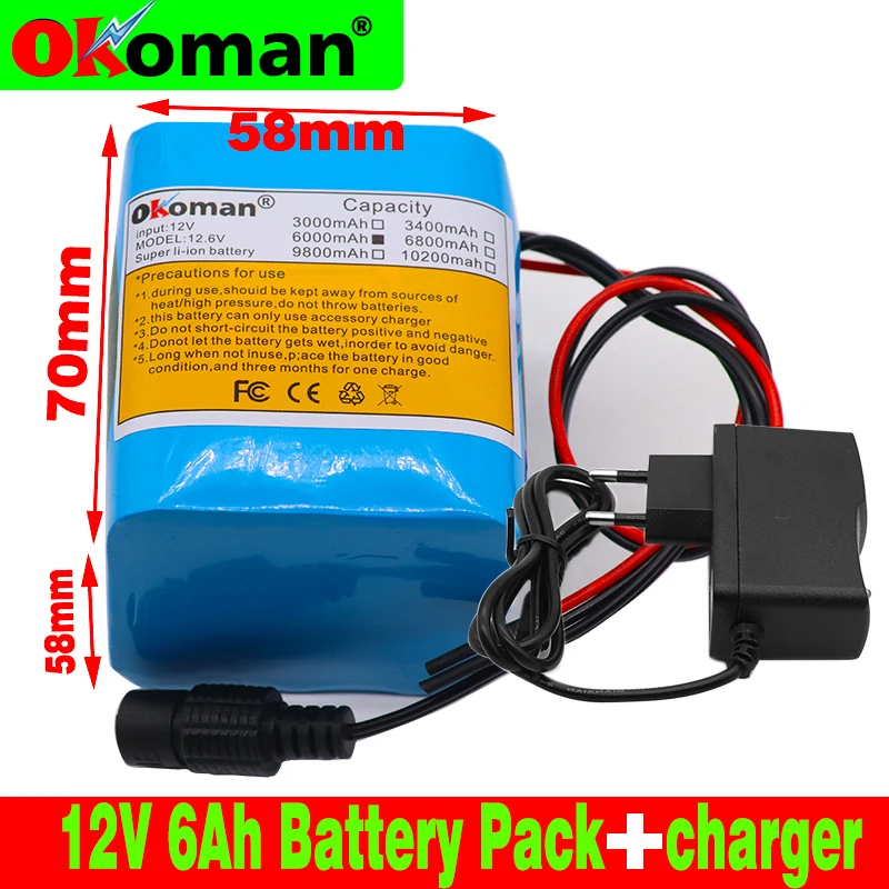 Okoman Высококачественный аккумулятор 12V 6000mAh 18650 литий-ионный 6Ah DC12.6V портативный +