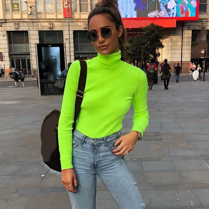 New Arrival Female Turtleneck Thin Sweater Casual Fluorescent Green Knitted Pullover Autumn Winter Long Sleeve Slim Knitwear | Женская