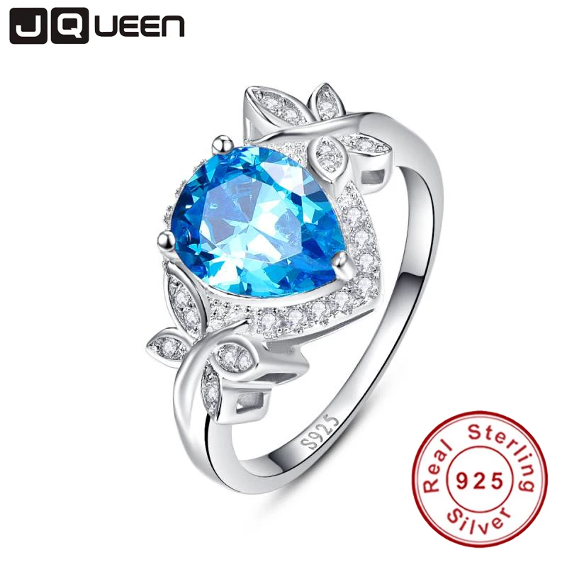 

JQUEEN 925 sterling silver blue topaz ring wedding engagement jewelry butterfly decoration 3.85 Carat pear cut water drop shape