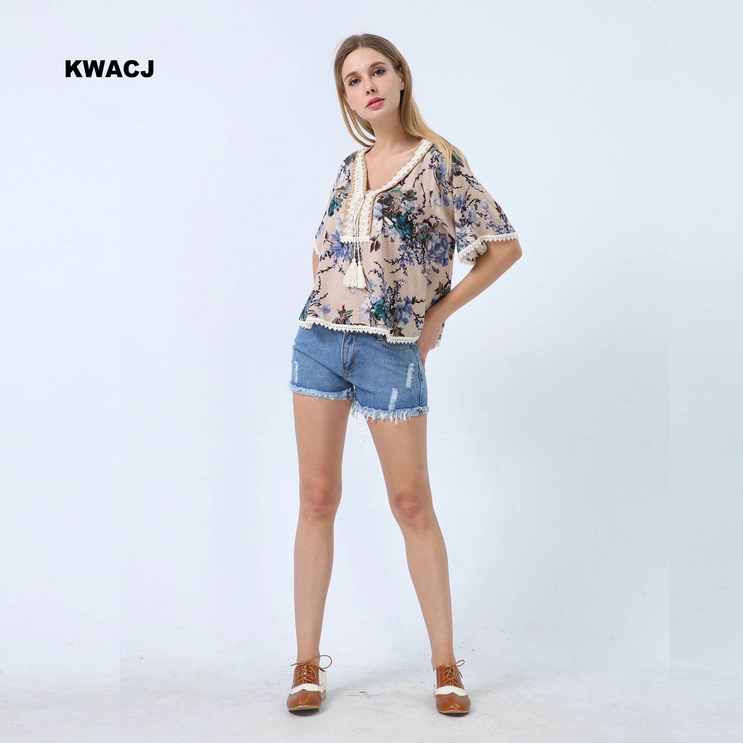 KWACJ Винтаж блузка с цветочным принтом летний топ пляжное богемное кружевное