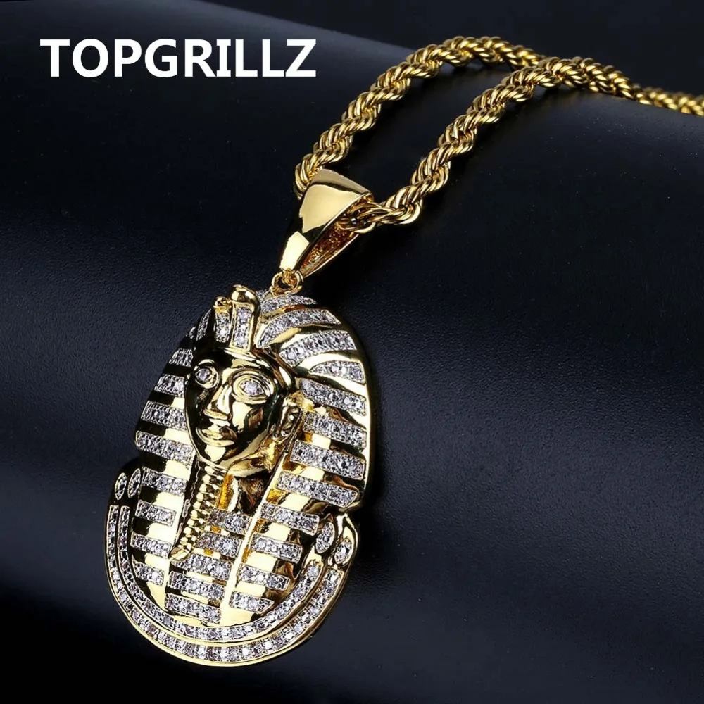 TOPGRILLZ хип хоп ювелирные изделия Iced Out золотого цвета покрытием микро проложить CZ камень египетского фараона кулон ожерелье три цепи 24 В