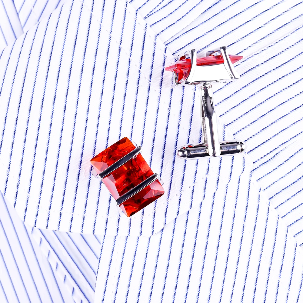 Fashion gorgeous cufflinks for mens red crystal zircon silver metallic luxury brand upscale French shirt button cuff links party | Украшения