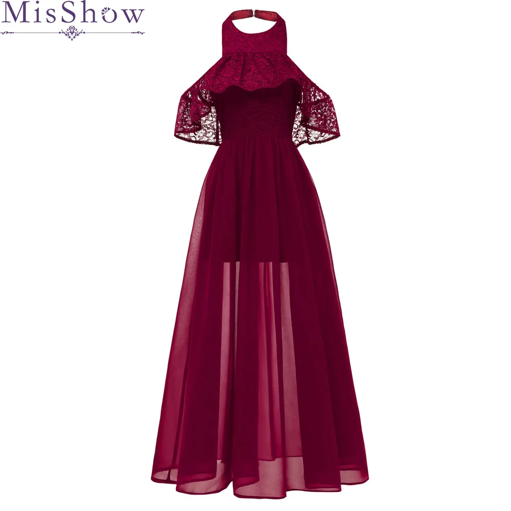 

Cheap Long Chiffon Burgundy Bridesmaid Dresses A-Line Vestido De Festa De Casamen Halter Lace Formal Party Prom Dresses