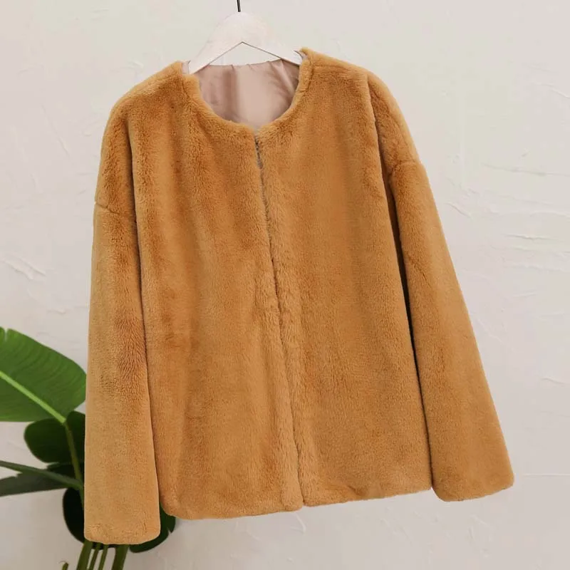 camel faux fur coat Уютная Искусственная шуба из кролика Рекс для женщин зимние мягкие негабаритные Куртки Пальто Повседневное базовое мохнатое пальто Верхняя одежда Меховая куртка - Цвет: camel faux fur coat