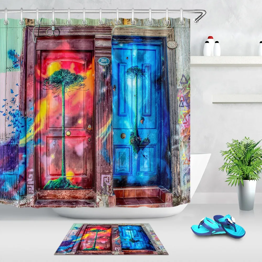 Винтажная деревянная дверь граффити Экстра длинные занавески для душа