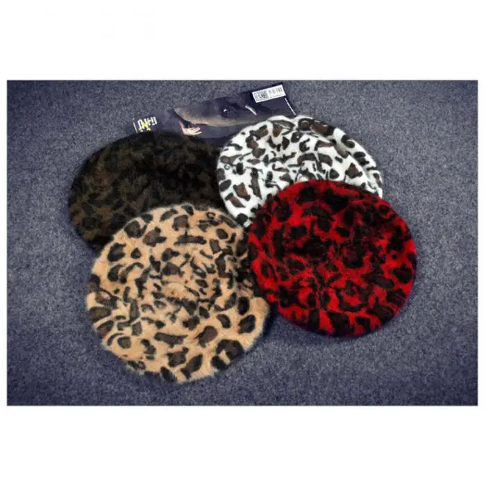 Women Winter Beret Hat Leopard Pattern Warm Bannie Cap for Outdoor FDC99