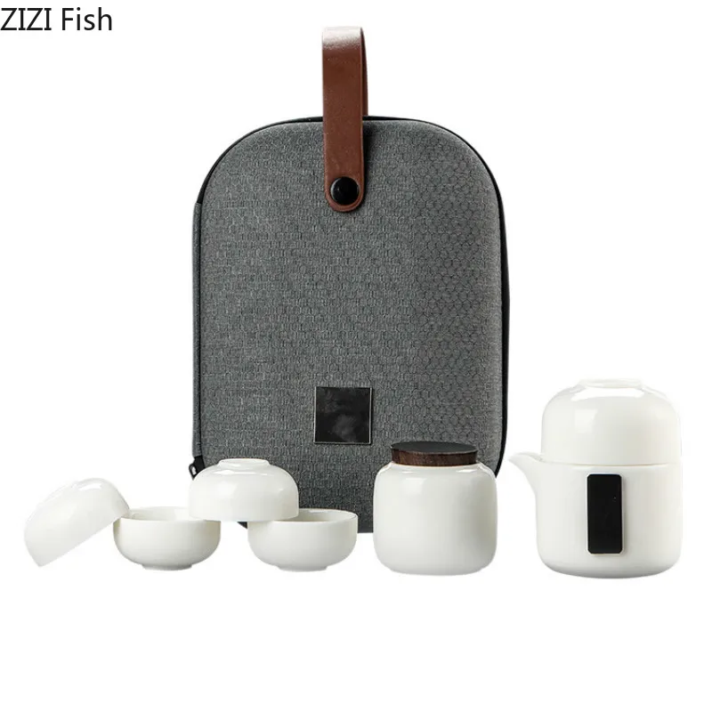 Minimalist White Ceramic Kung Fu Tea Set Suit A Pot of Two Cups Chinese Style Portable Car Travel Tea Set Suit