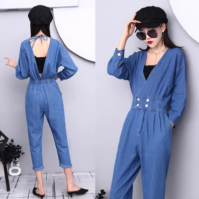 Новый европейский и американский джинсовый сиамский костюм весенние облегающие