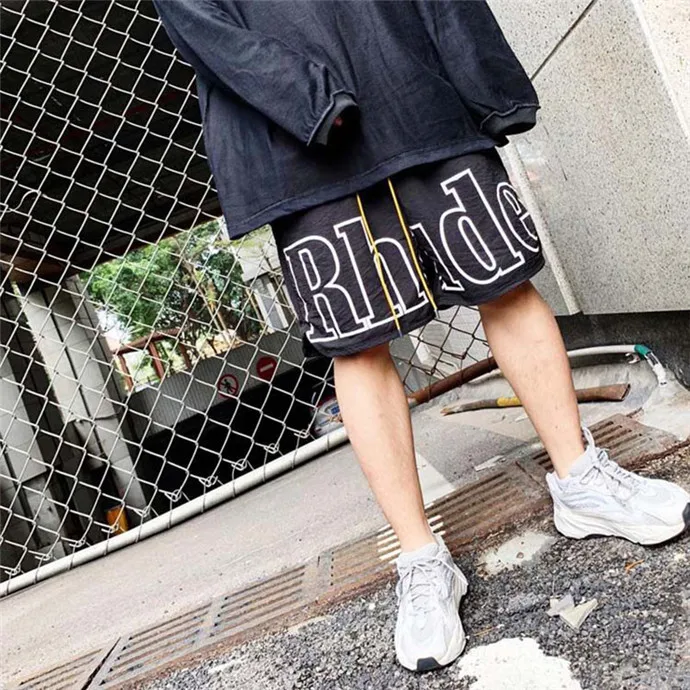 19SS Rhude логотип черный мягкий дышащий серый 3M отражением Поворот Белый Rhude шорты мужские свободные сетки нейлон Rhude Шорты Унисекс